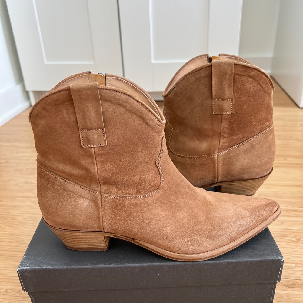 Tan Real Suede Ankle Booties with Pointed Toe, Italy, us 11, eu 41